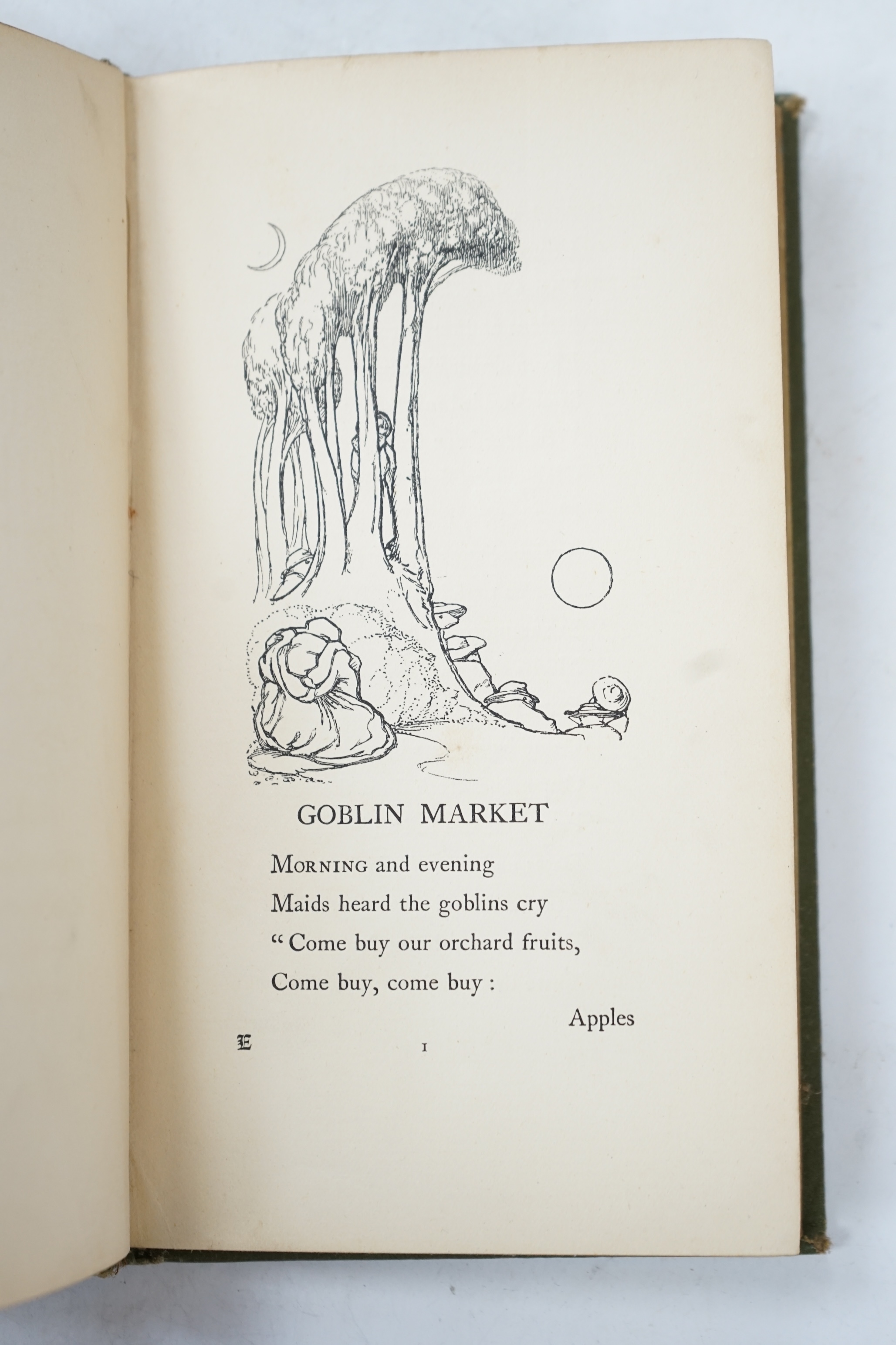 Rossetti, Christina - Goblin Market, 1st edition, illustrated with 12 full-page woodcuts by Laurence Houseman, narrow 12mo, original green and gilt decorative cloth, child's pencil scribbling to some blank pages, Macmill